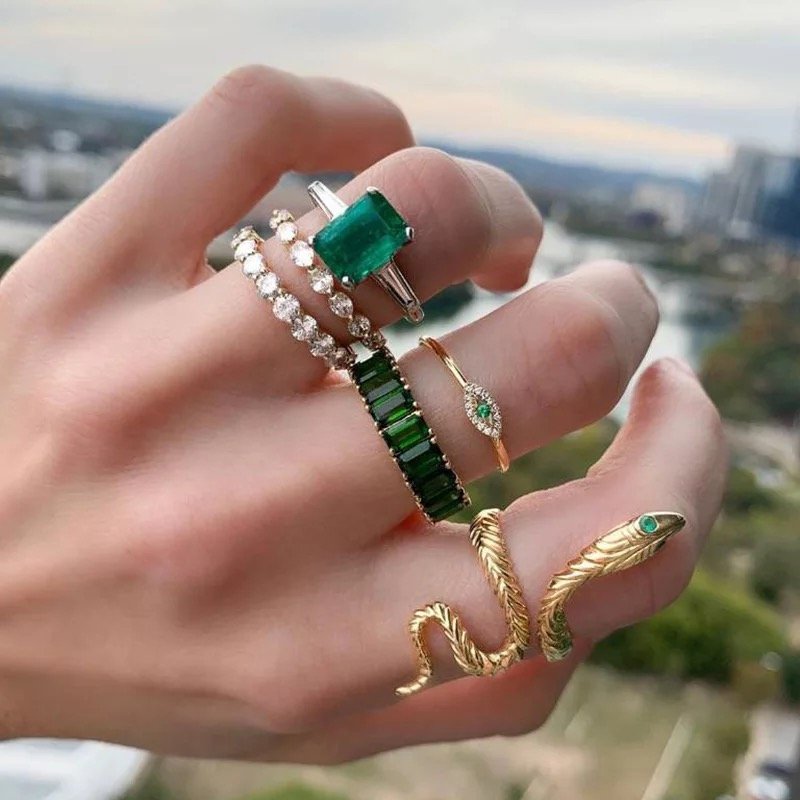 Emerald Snake Rings Set