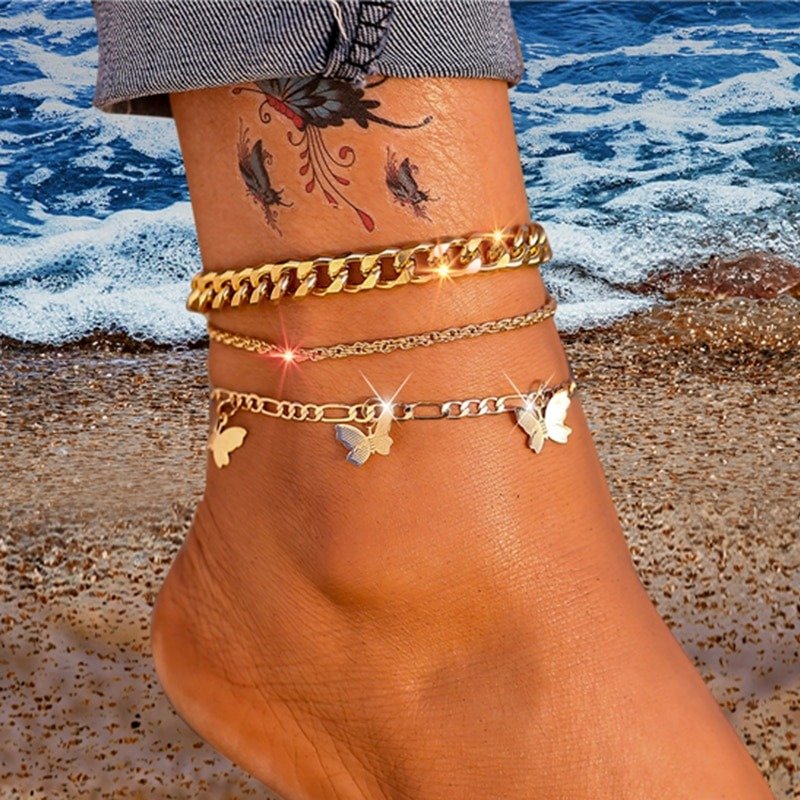 Butterfly Curb Chain Anklets (Set of 3)